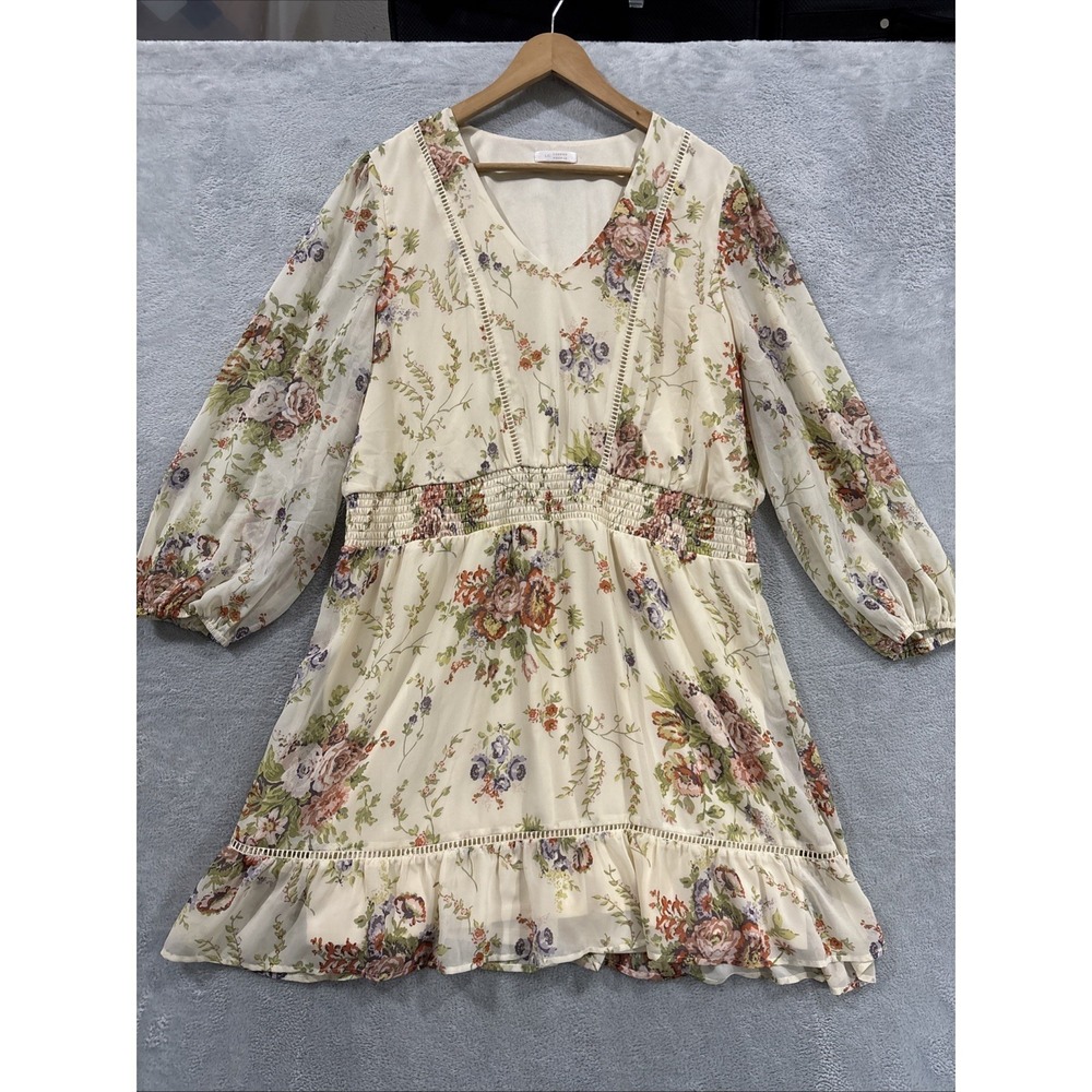 LC Lauren Conrad Mini Dress Women's XL Cream Floral Coquette Ruffle Boho Flowy